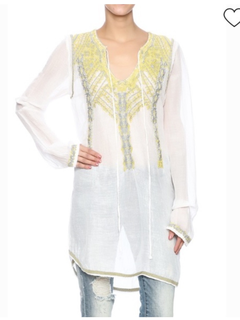 Biya Johnny Was White Embroidered Linen & Silk Long Sleeve Tunic Top Sz. XS
